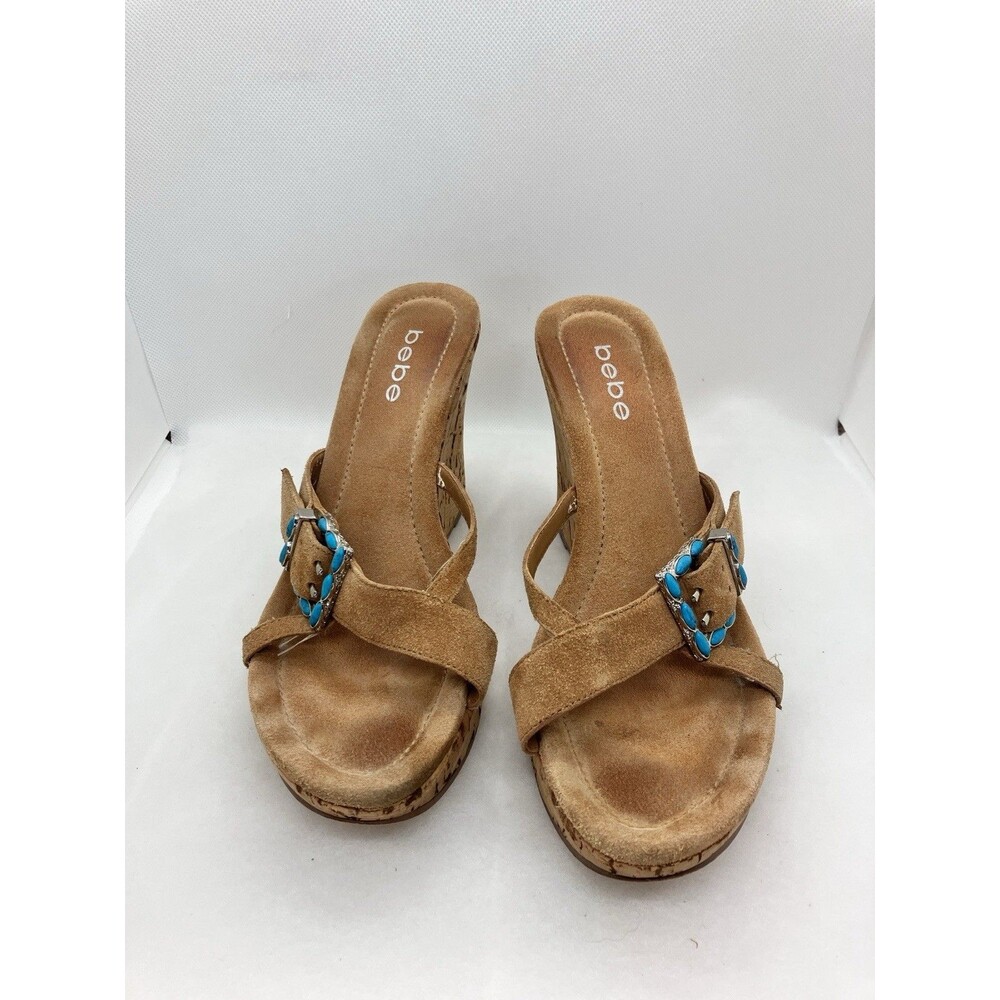 Bebe Cork Wedge With Suede Straps Turquoise Color Buckle Size 8M